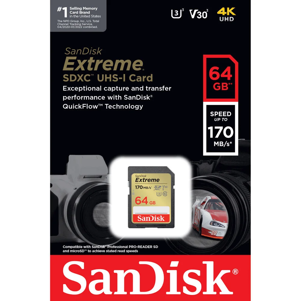 Cartão Sdxc 64GB, Sandisk Extreme 4k 170mb/s Uhs-i,V30, U3,Classe 10 Cartão Sdxc 64GB, Sandisk Extreme 4k 170mb/s Uhs-i,V30, U3,Classe 10