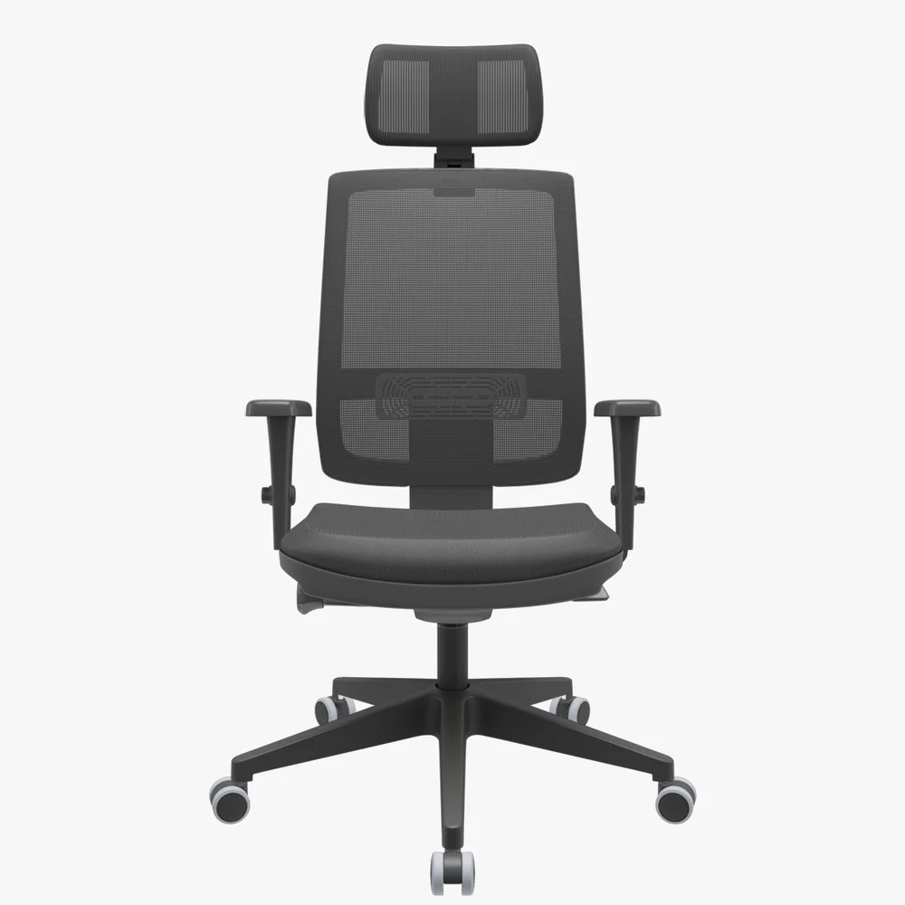 Cadeira De Escritório Presidente Brizza Plaxmetal, Autocompensador Slider, Base Piramidal, Braço 3D, Poliéster, Apoio Cabeça, Preta