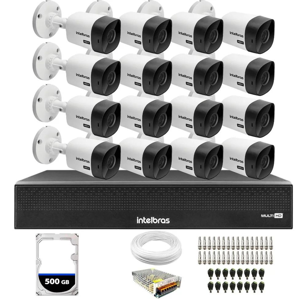 Kit 16 Câmeras Segurança Intelbras 1120b + Dvr Intelbras 16 Canais + HD 500GB Kit 16 Câmeras Segurança Intelbras 1120b + Dvr Intelbras 16 Canais + HD 500GB