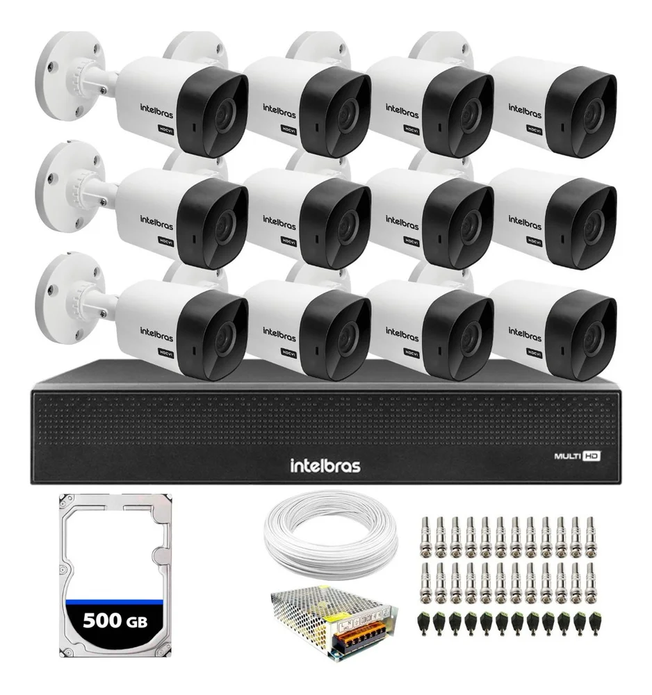 Kit 12 Câmeras Segurança Intelbras 1120b + Dvr Intelbras 16 Canais + HD 500GB