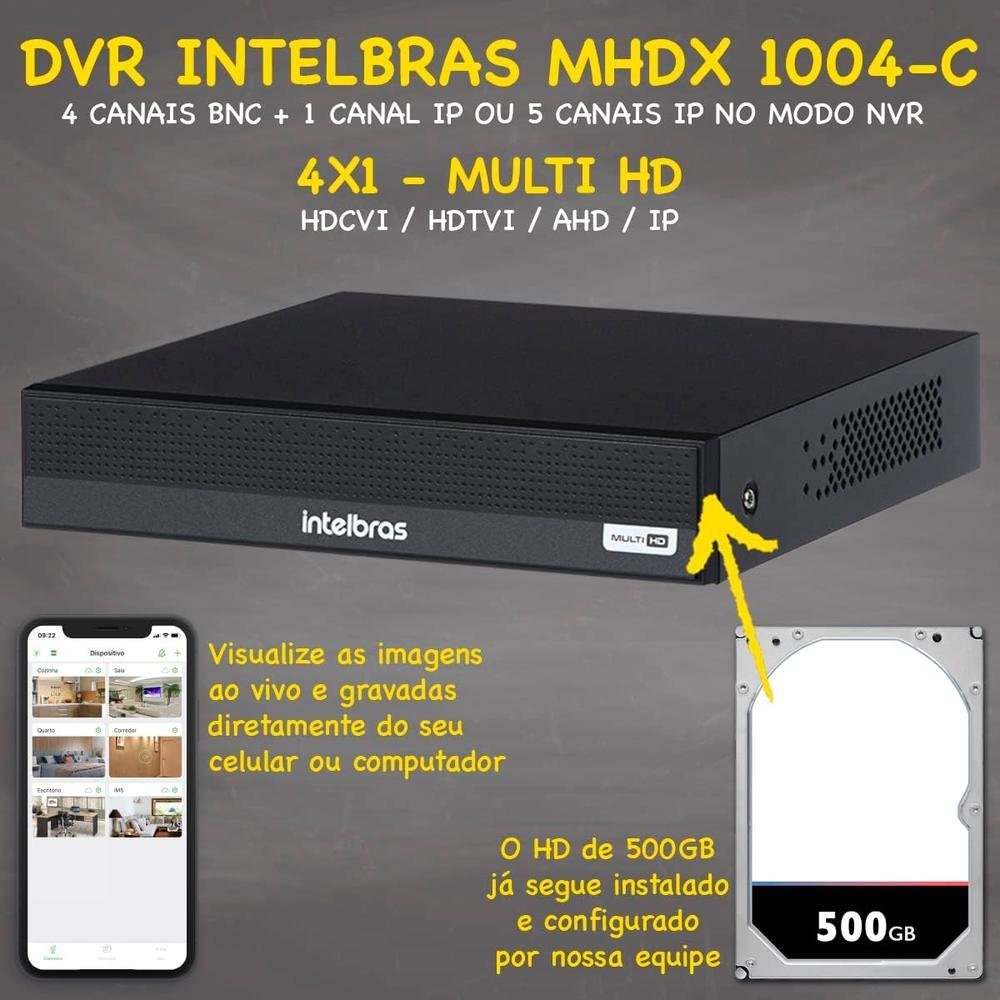 Kit Intelbras Cftv, 4 Cameras Segurança 1080p FULL HD + DVR 4 Canais, HD 500GB
