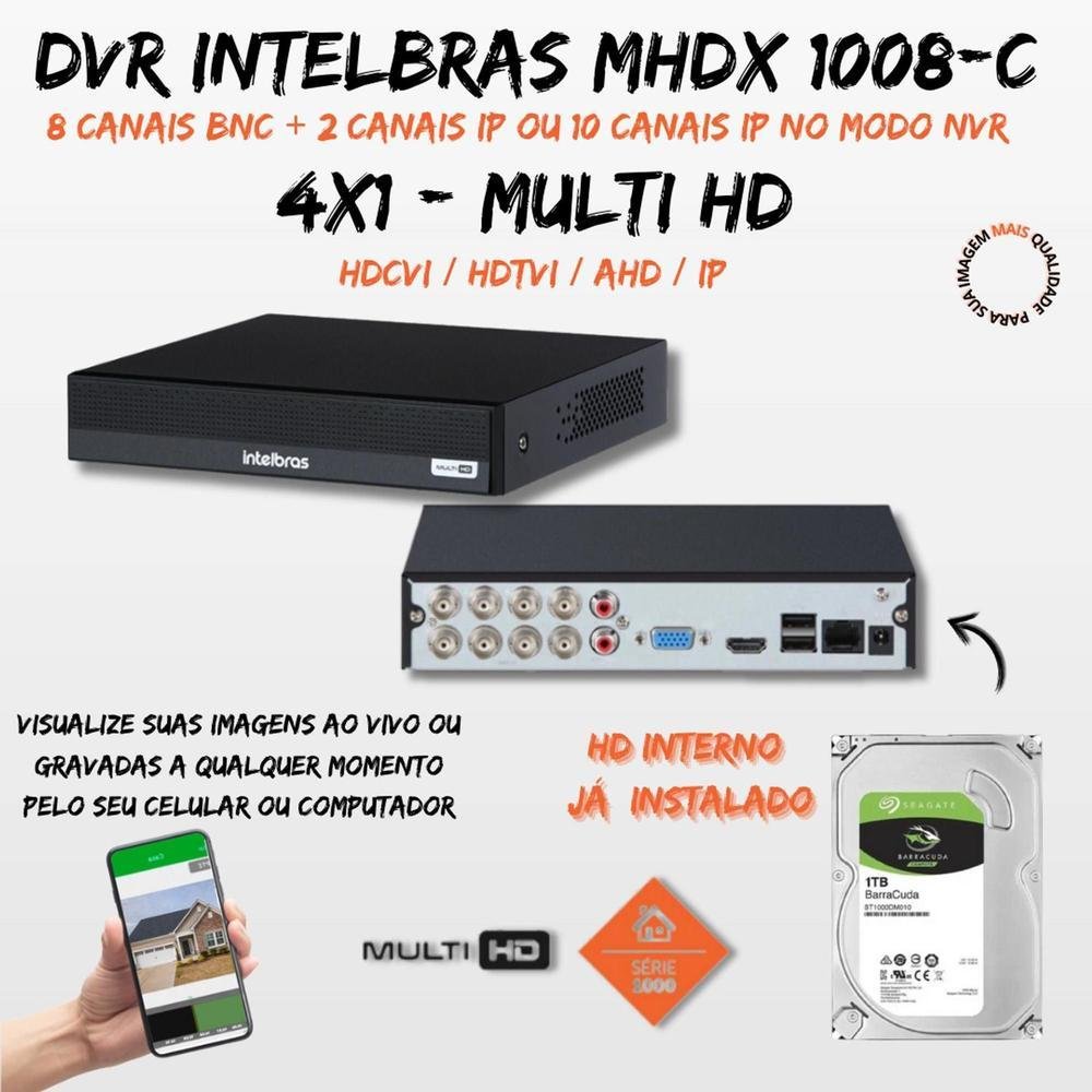 Kit 4 Câmeras Intelbras, Colorido Noite, Dvr, 8 Canais, HD 1TB