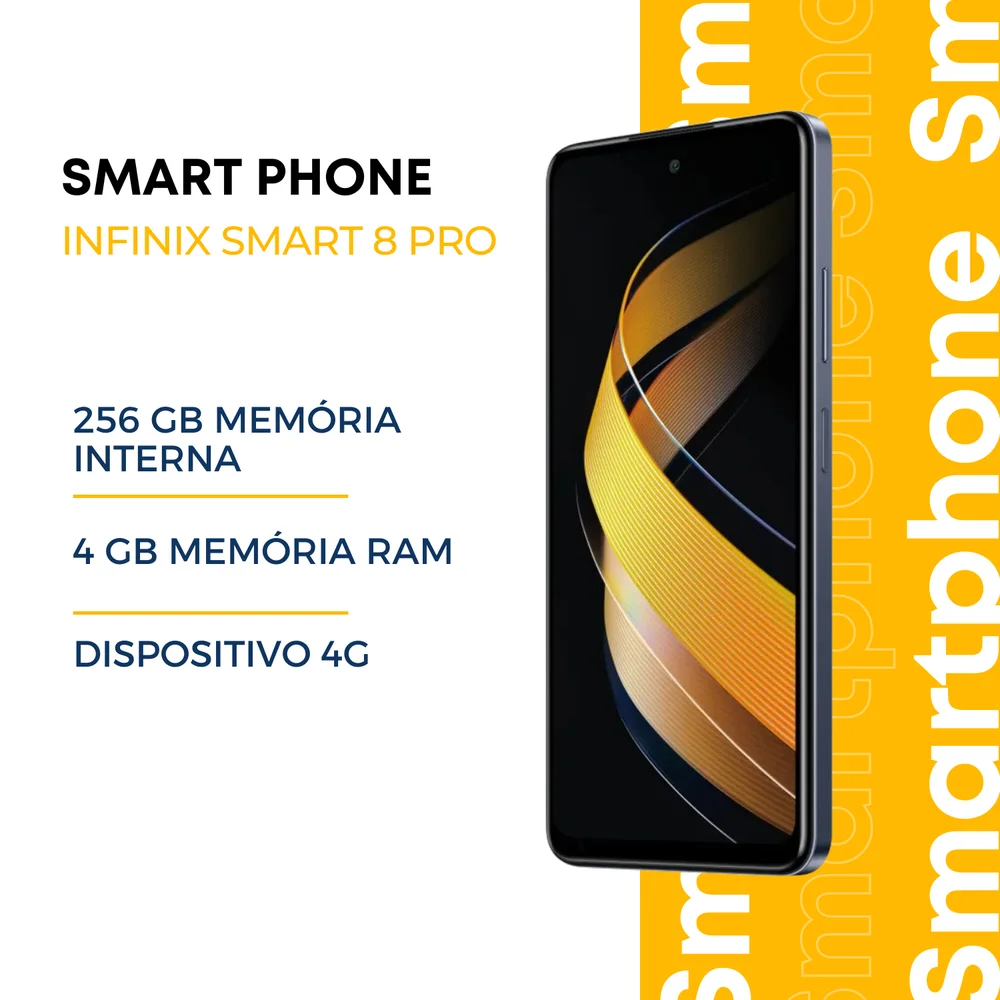 Smartphone Infinix Smart 8 Pro, 256GB, 4GB RAM, Câmera Dupla 50MP, Tela Magic Ring 6.6", Dual Chip, 5000mAh, Preto Smartphone Infinix Smart 8 Pro, 256GB, 4GB RAM, Câmera Dupla 50MP, Tela Magic Ring 6.6", Dual Chip, 5000mAh, Preto