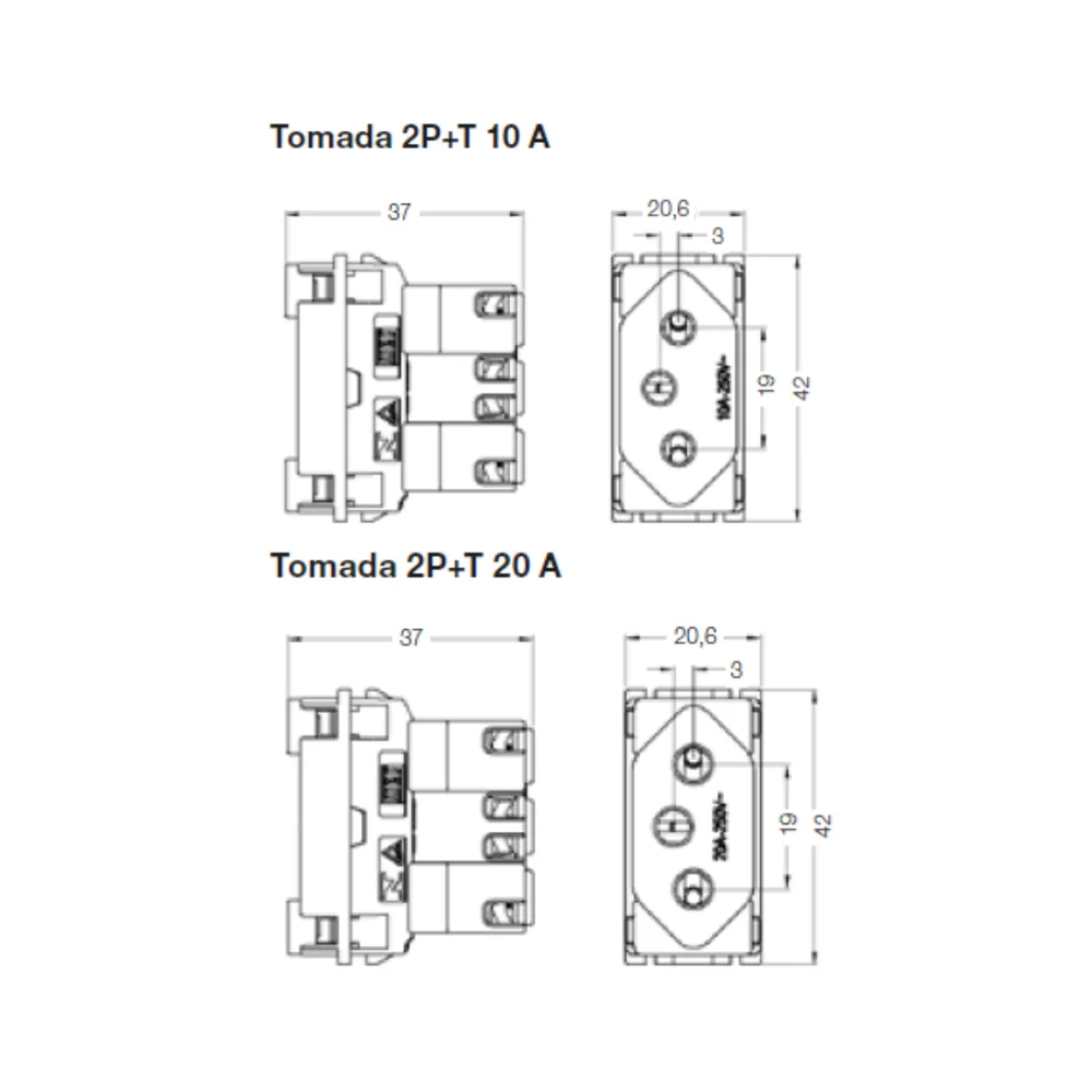 Conjunto Interruptor 4x2 | 1 Tecla Simples 10a + 1 Tomada 20a 250v.