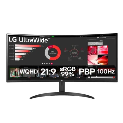 Imagem do produto Monitor LG UltraWide™ Curvo – Tela VA de 34”, WQHD 3440 x 1440, 21:9, sRGB 99%, HDR10, PBP, 100Hz, AMD FreeSync™ - 34WR50QC-B em Kabum