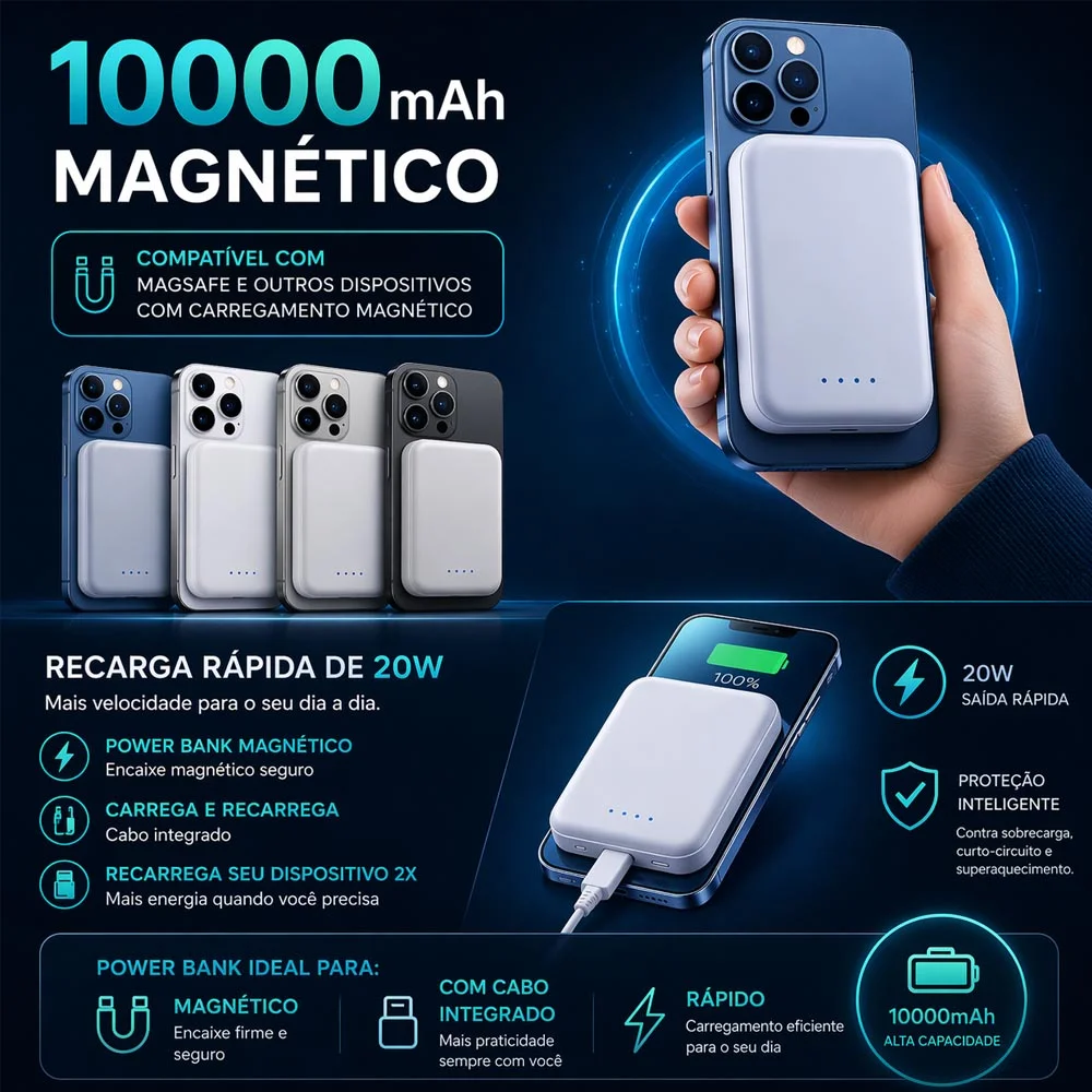 Power Bank Portátil Magnético Magsafe Turbo 10.000mah Kaidi Branca