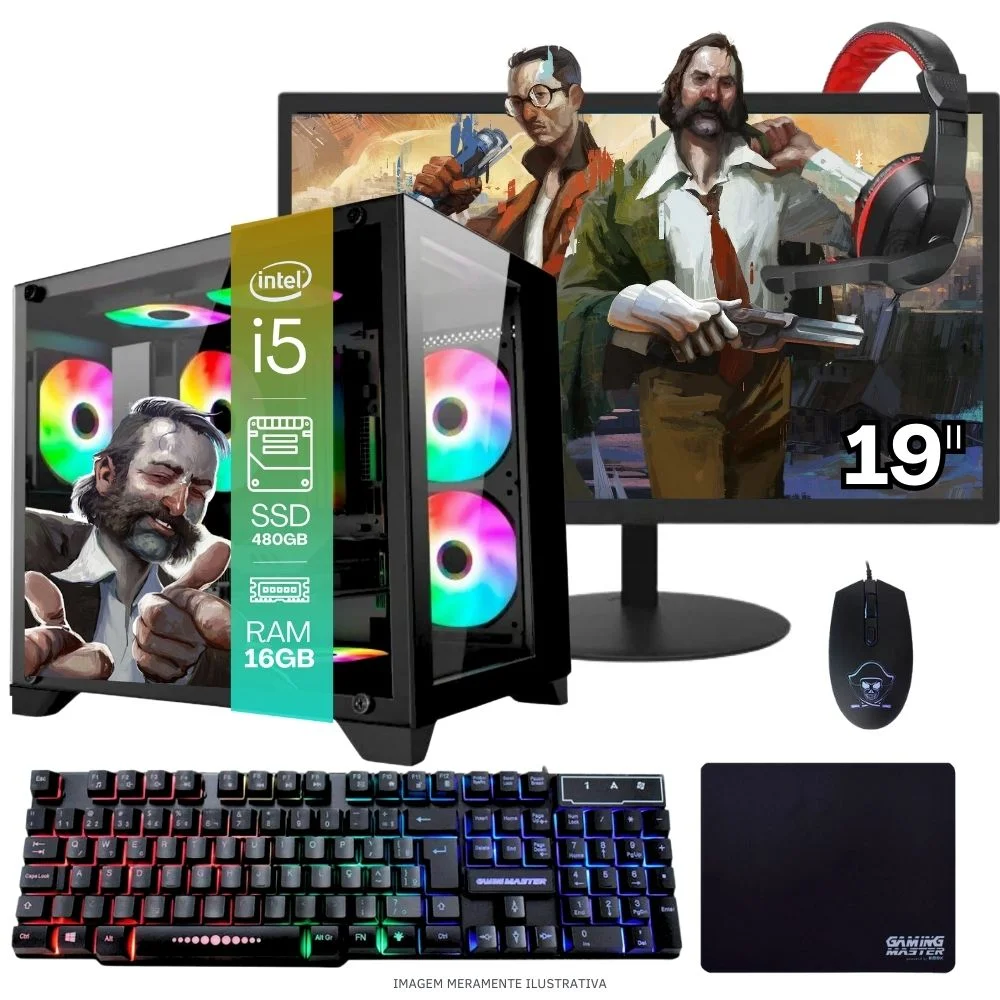 "Computador PC Gamer Completo Balão.info Intel Core I5 SSD 480GB 16gb Gabinete Aquário Teclado Mouse Mouse Pad E Headset Gamer Monitor 19"" WINDOWS 10 Pro Trial"