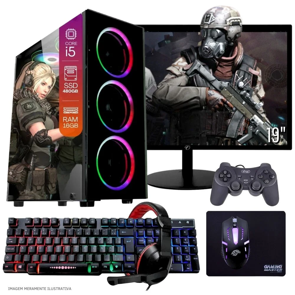 "Computador PC Gamer Completo Balão.info Intel Core I5 SSD 480GB 16gb Teclado Mouse Mouse Pad E Headset Gamer Joystick Monitor 19"" WINDOWS 10 Pro Trial"