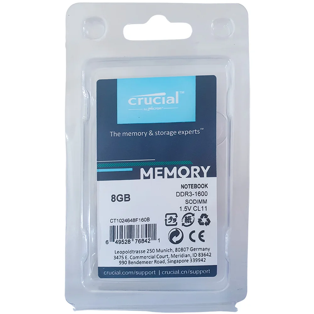 Memória Ddr3l 8GB 1600mhz Crucial P/ Notebook Ct102464bf160b Memória Ddr3l 8GB 1600mhz Crucial P/ Notebook Ct102464bf160b