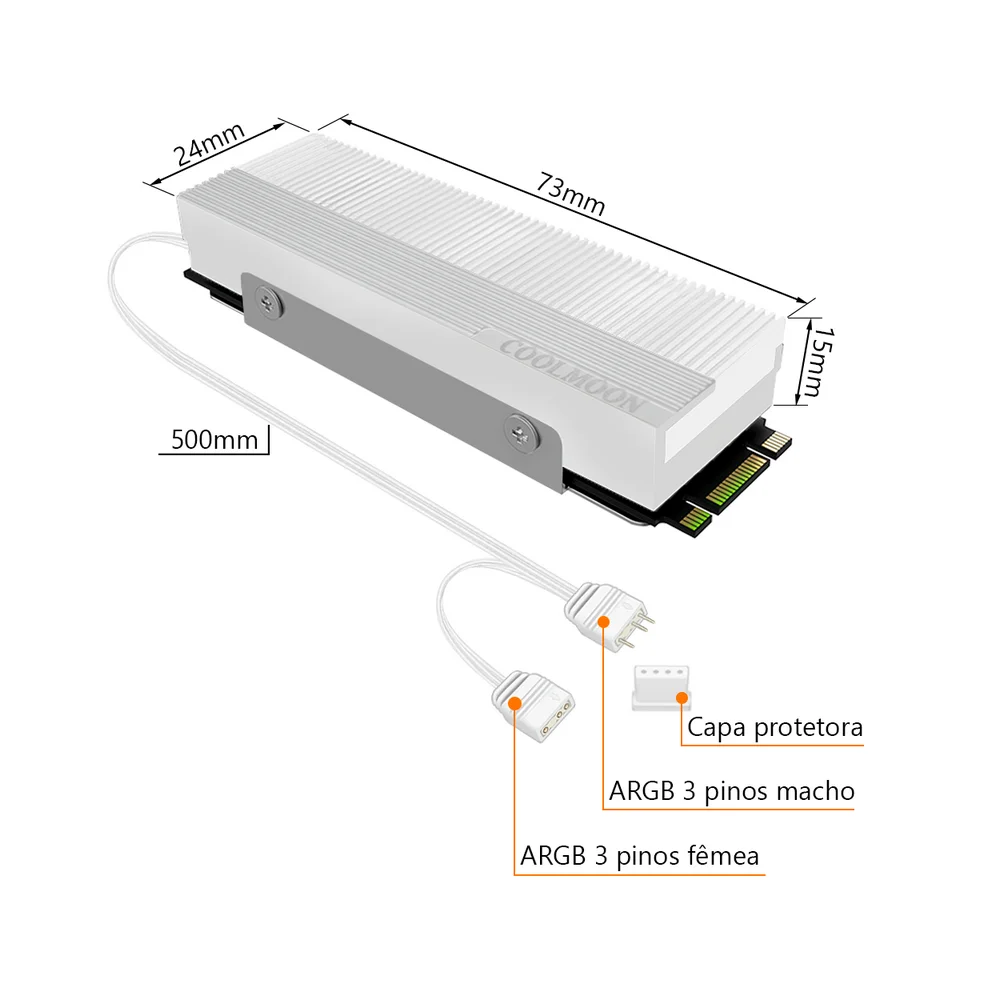 Dissipador de Calor para SSD Nvme, Branco, M.2 (2280), Com LED ARGB, 5v 3 Pinos, Branco, Alumínio Dissipador de Calor para SSD Nvme, Branco, M.2 (2280), Com LED ARGB, 5v 3 Pinos, Branco, Alumínio