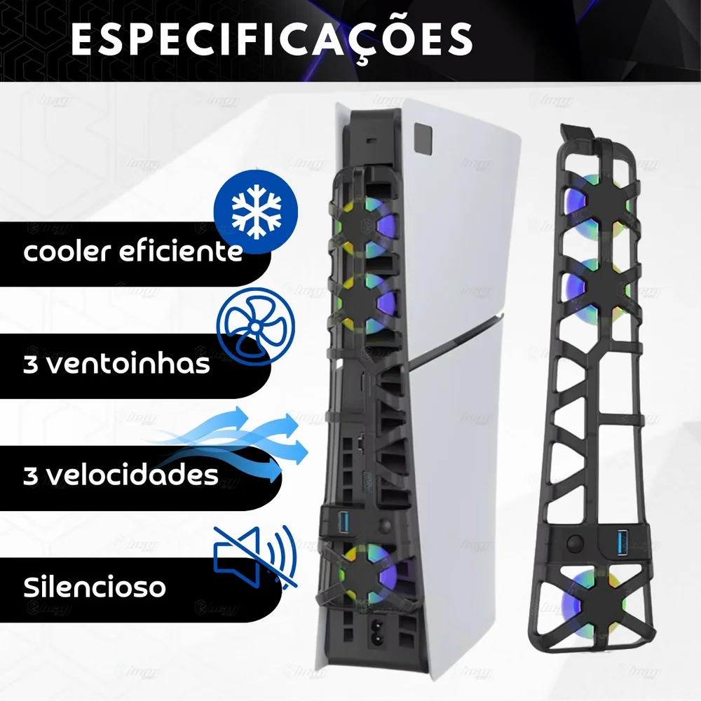 Cooler Fan Externo Usb Ventilador Para Resfriamento 3 Ventoinhas LED Compatível Com Ps5 Slim Cor:preto