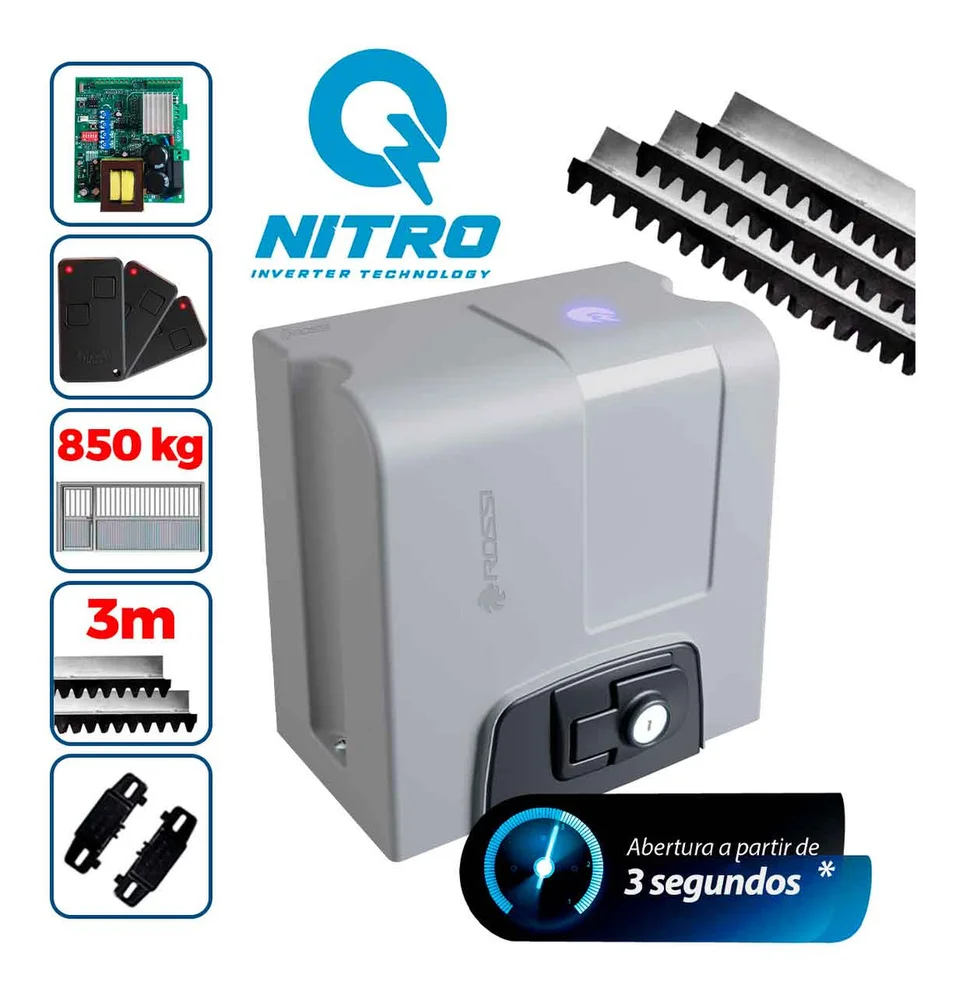Kit Motor Rossi Dz4 Nitro Bivolt Para Portão 850kg Deslizante 3 Controles + 3 Metros De Cremalheira