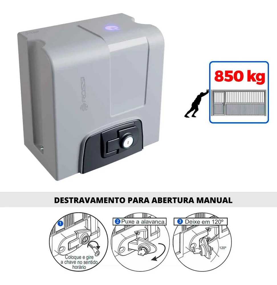 Kit Motor Rossi Dz4 Nitro Bivolt Para Portão 850kg Deslizante 3 Controles + 3 Metros De Cremalheira