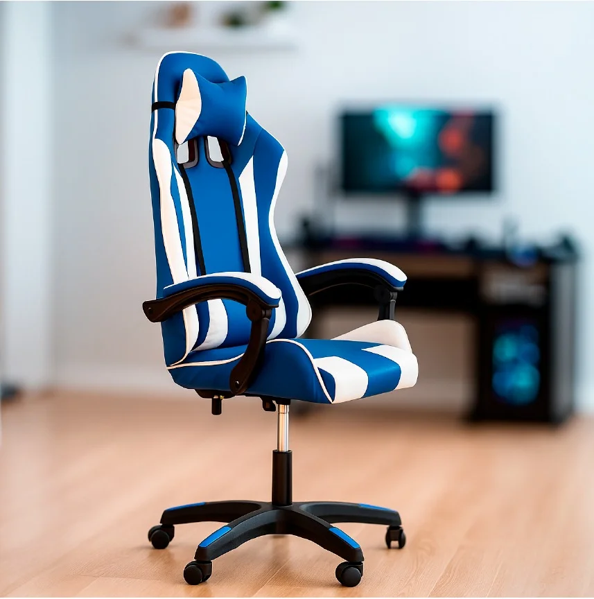Cadeira Gamer Setup Profissional Escritório Ergonômica Gamers Reclinável Base giratória Apoio Lombar Resistente Home Office C7 Neo Comfort - Azul e Branco