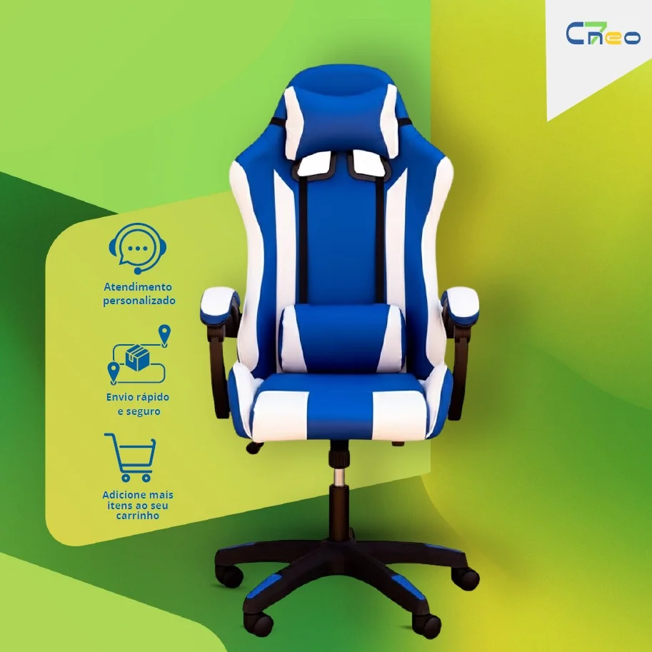 Cadeira Gamer Setup Profissional Escritório Ergonômica Gamers Reclinável Base giratória Apoio Lombar Resistente Home Office C7 Neo Comfort - Azul e Branco