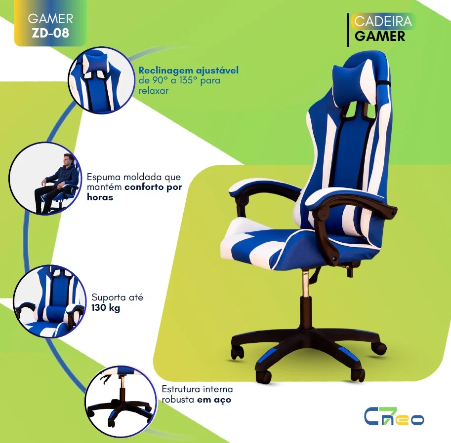 Cadeira Gamer Setup Profissional Escritório Ergonômica Gamers Reclinável Base giratória Apoio Lombar Resistente Home Office C7 Neo Comfort - Azul e Branco