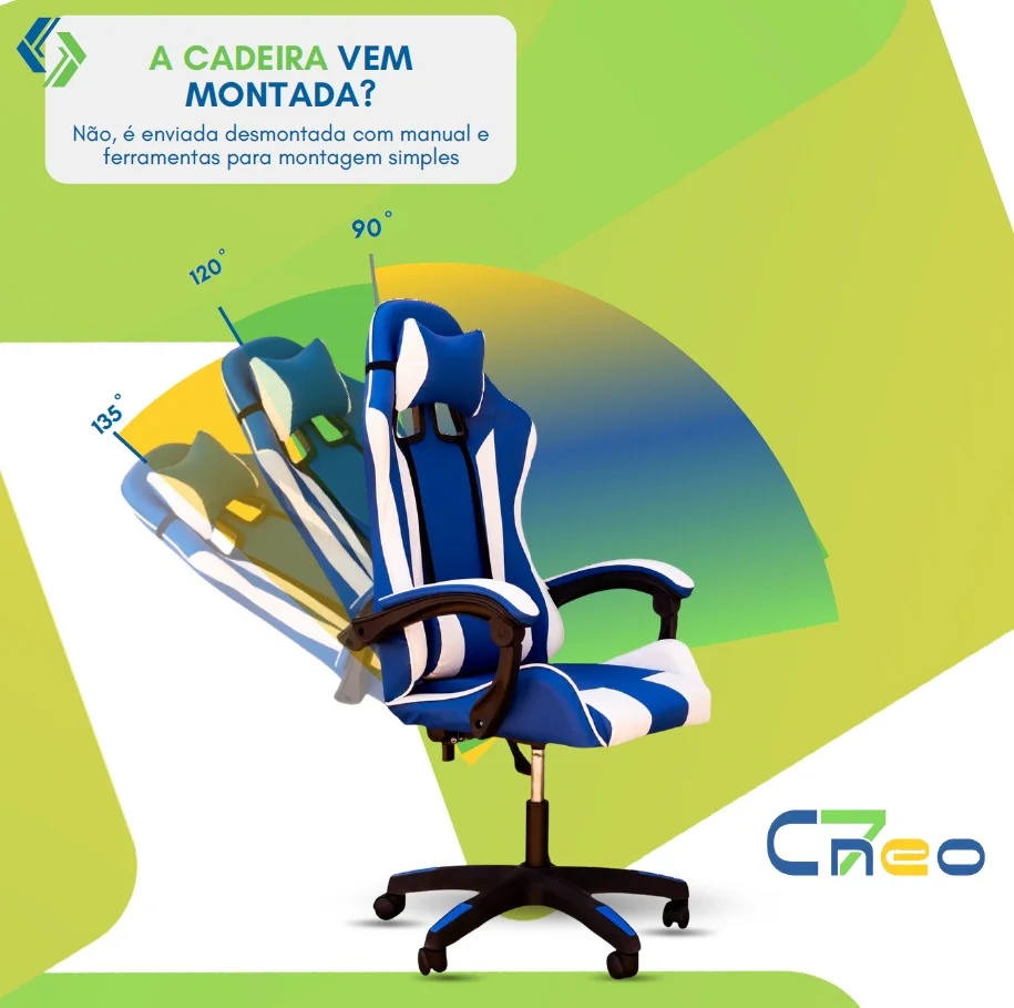 Cadeira Gamer Setup Profissional Escritório Ergonômica Gamers Reclinável Base giratória Apoio Lombar Resistente Home Office C7 Neo Comfort - Azul e Branco