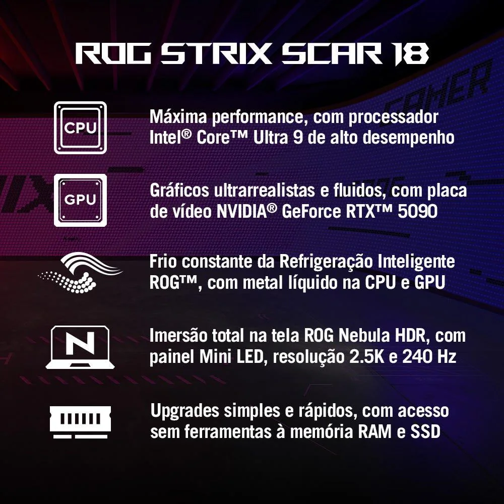 Notebook Gamer Asus Rog Strix Scar 18, Intel Core Ultra 9 275hx, 64GB RAM, Nvidia RTX5090, SSD 4TB, Tela 18" 240Hz, Windows 11 Home, Black - G835lx