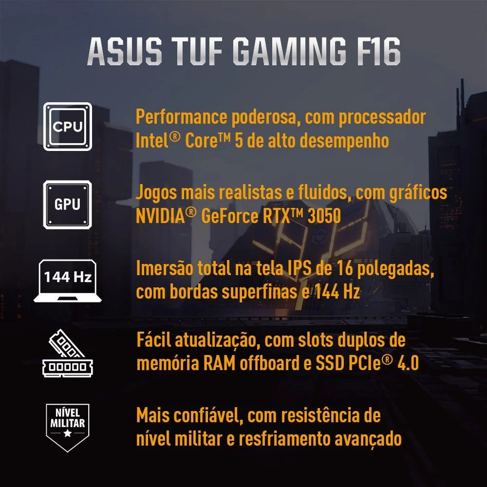 Notebook Asus Tuf Gaming F16 Fx607vj Nvidia RTX 3050 Intel Core 5 210h 16gb Ram 512gb SSD WINDOWS 11 Home Tela 16" Nível Ips 144hz Cinza - Rl007w