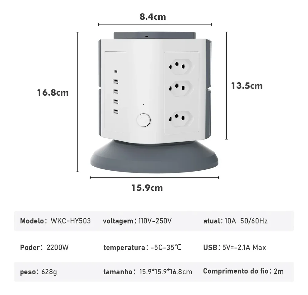 Torre De Tomadas Branca 9 Tomadas + 4 Usb + 1 Type-c Cabo Proteção Contra Sobrecarga 2 Metros