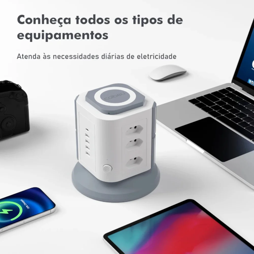 Torre De Tomadas Branca 9 Tomadas + 4 Usb + 1 Type-c Cabo Proteção Contra Sobrecarga 2 Metros
