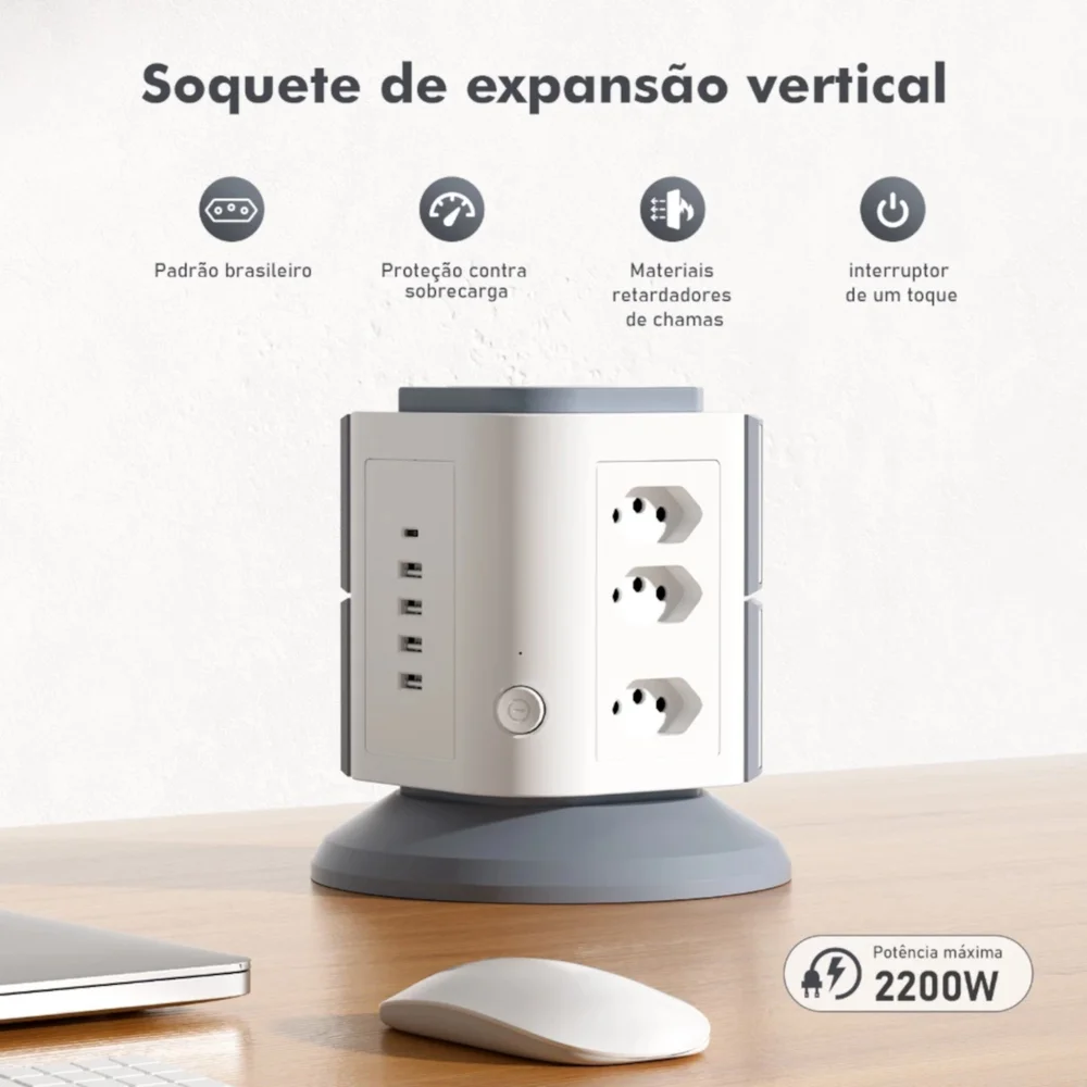 Torre De Tomadas Branca 9 Tomadas + 4 Usb + 1 Type-c Cabo Proteção Contra Sobrecarga 2 Metros