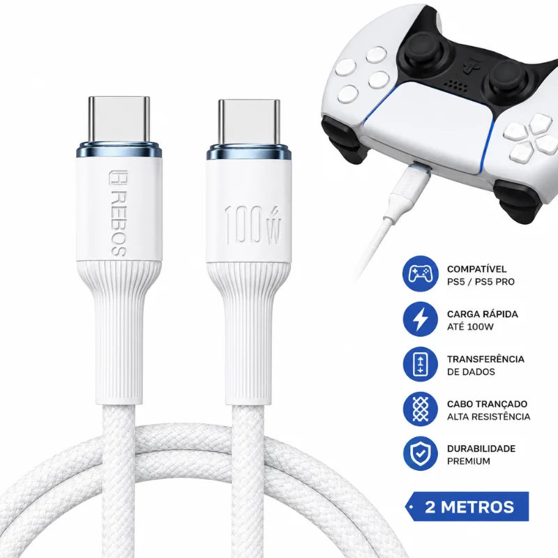 Cabo de carregamento Carregador Usb-c Compatível Para Controle Ps5 E Ps5 Pro 2 Metros soft white CB-374C Cor Branco