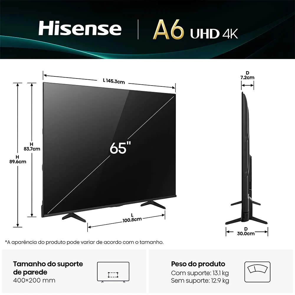Smart Tv Hisense DLED 4k 65” "" Com Processador Ai, Dolby Vision, Dolby Gaming E Wi-fi - 65a6nv - Bivolt - view 3