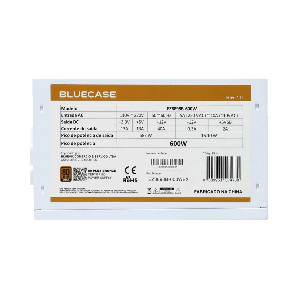 Fonte Bluecase 600w 80 Plus Bronze, Branco, Cabos Flat Atx Fonte Bluecase 600w 80 Plus Bronze, Branco, Cabos Flat Atx