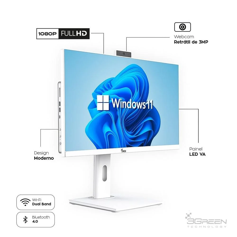 "Computador All In One 24"" Branco, Intel i3 9100, 16gb Ddr4, SSD 1TB, WINDOWS 11  , Webcam, Wi-fi, 3green Unique" em Campinas - foto 3