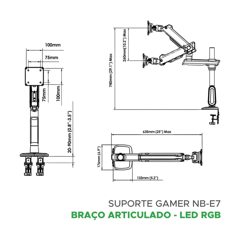 Suporte North Bayou Gamer LED Nb E7 Braço Articulado 32 A 60
