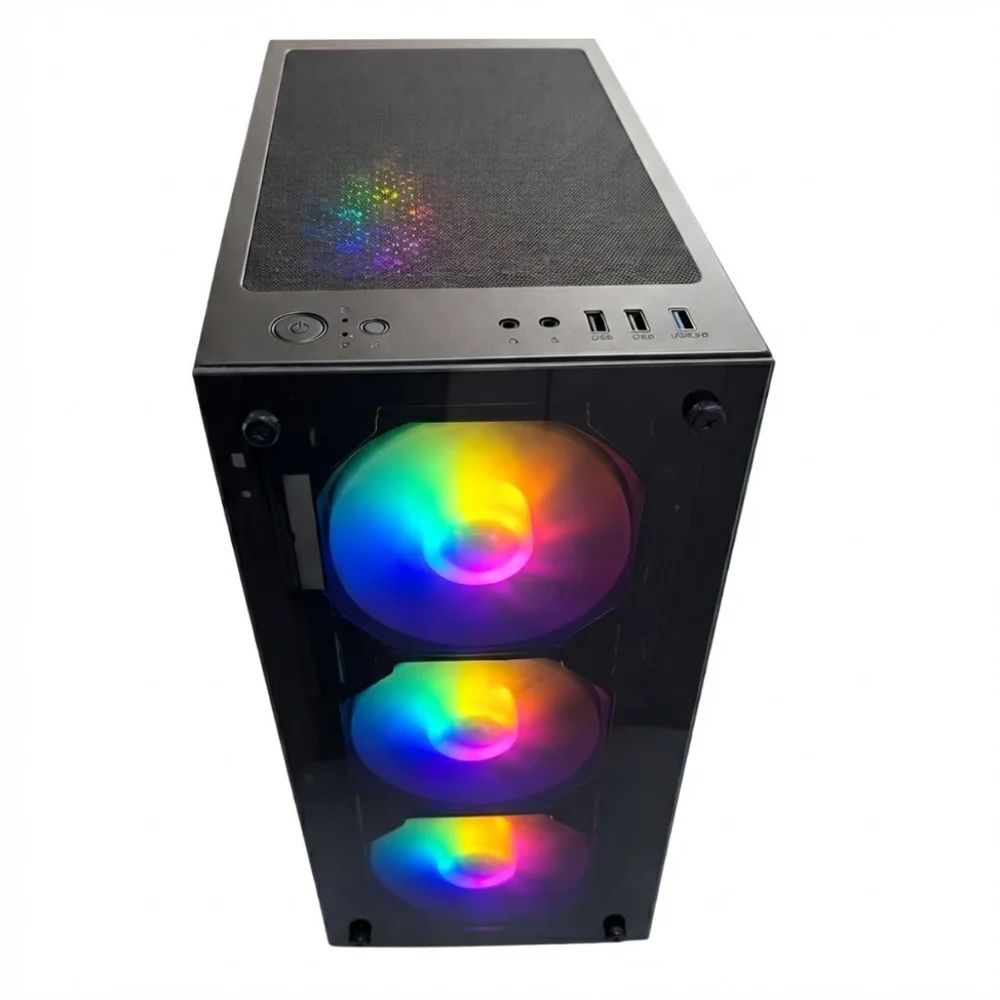 GABINETE GAMER PRETO MID TOWER COM 4 FANS RGB RAIBOW ATX MICRO ATX VIDRO FRONTAL E LATERAL