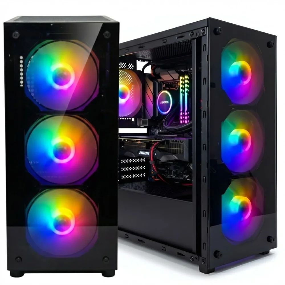 GABINETE GAMER PRETO MID TOWER COM 4 FANS RGB RAIBOW ATX MICRO ATX VIDRO FRONTAL E LATERAL